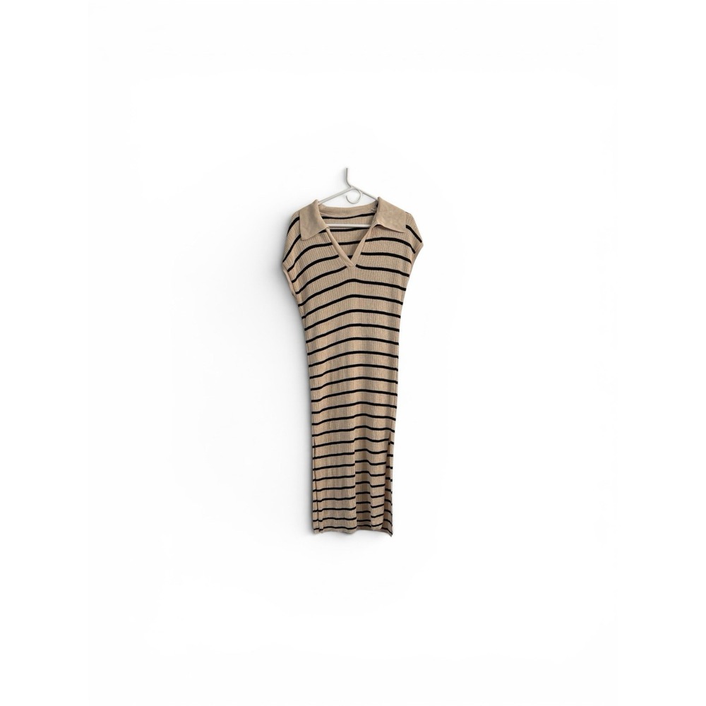 WAO Ribbed Knit Polo Midi Dress Small Beige Black Stripe Bodycon Stretch
